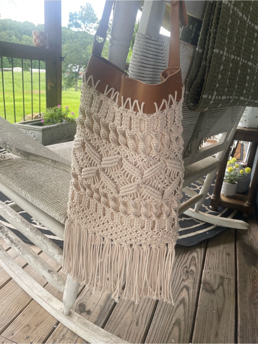 Straw Studios Cream Woven Tote with Brown Leather Accent